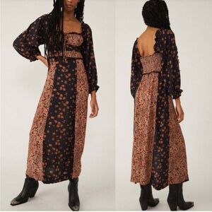 Free People Black and Brown Floral Long Sleeve Dress